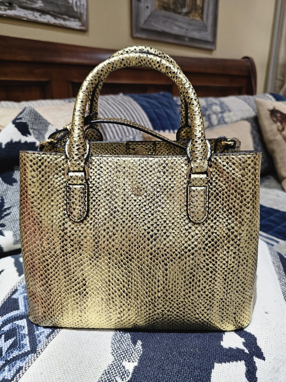 Gold Embossed Snake-Texture Top-Handle Women's Bag NWT